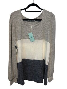 Wiholl Plus Size Colorblock Long Sleeve Pullover in Light Gray, Cream & Charcoal